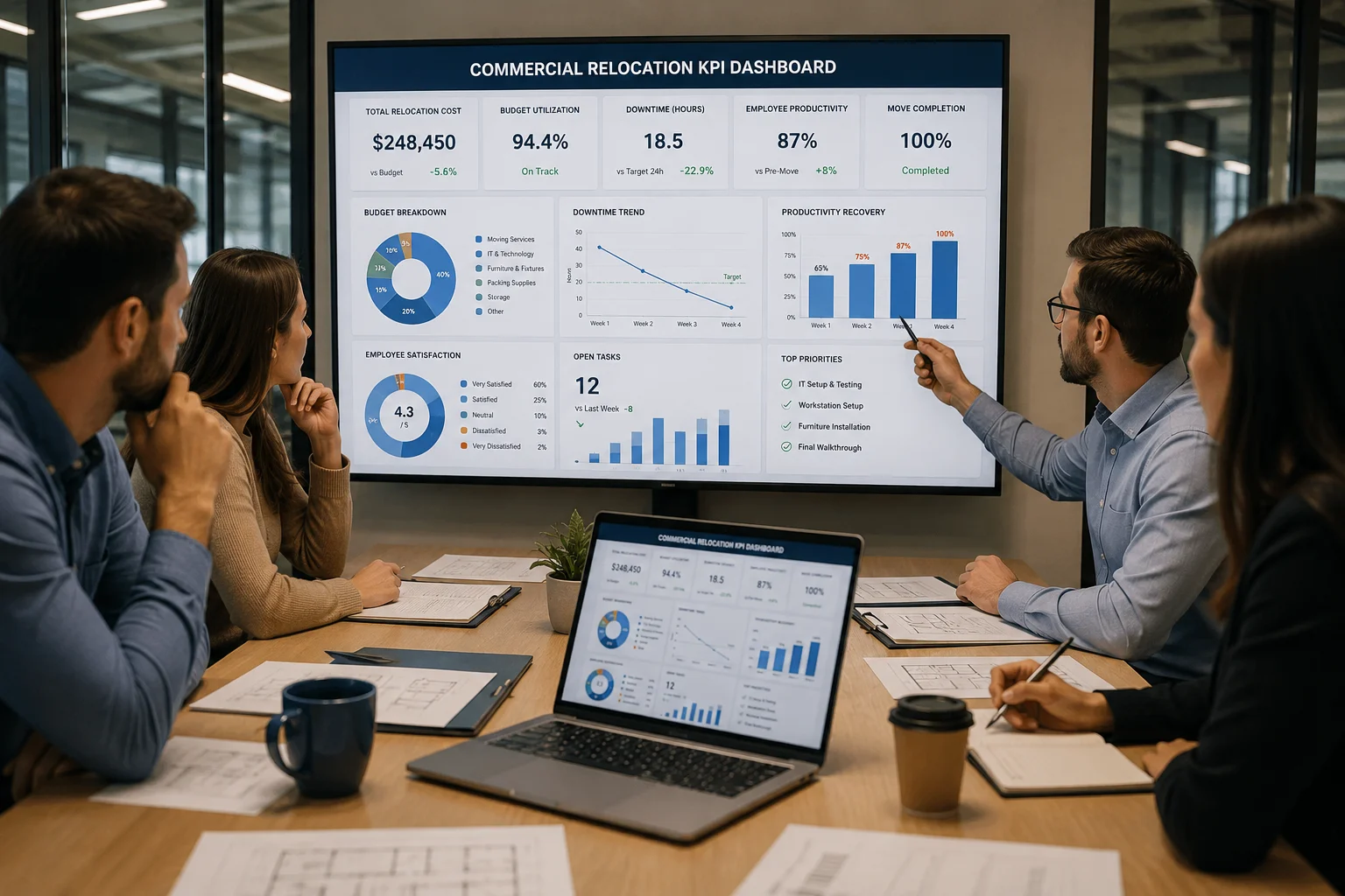 Commercial relocation KPI dashboard showing business performance metrics during an office move.