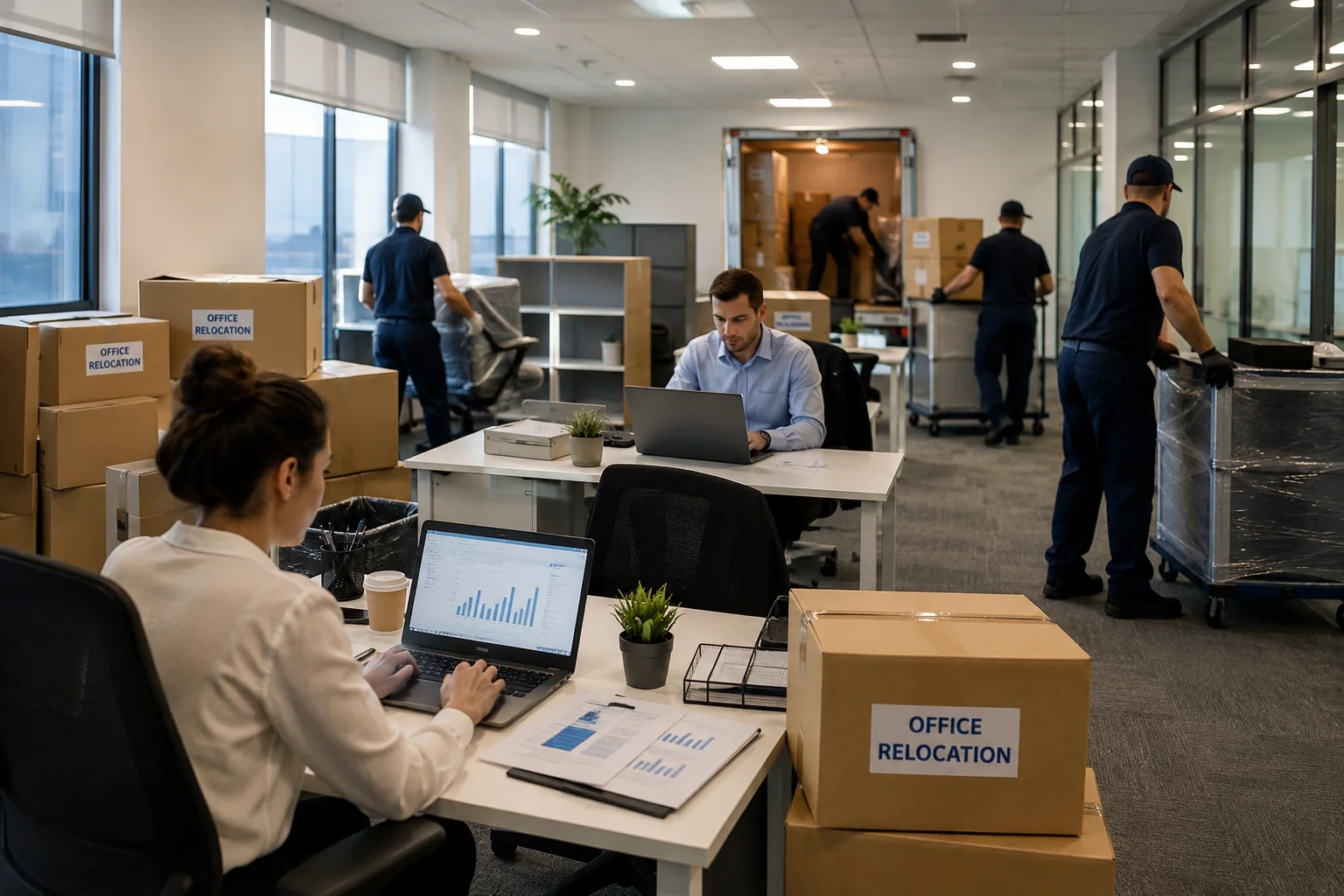 Business office relocation with employees continuing operations during a commercial move.