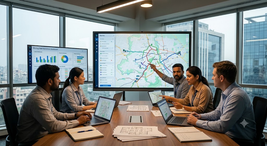 Professional movers and logistics managers creating transportation plans for a commercial relocation project.