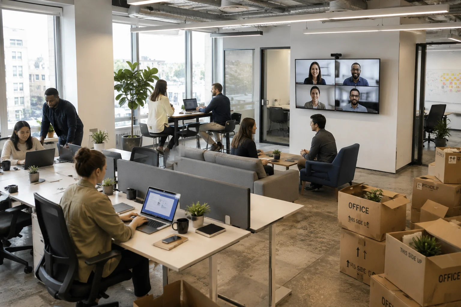 Hybrid office workspace showing flexible workstations and remote collaboration during a modern office relocation.