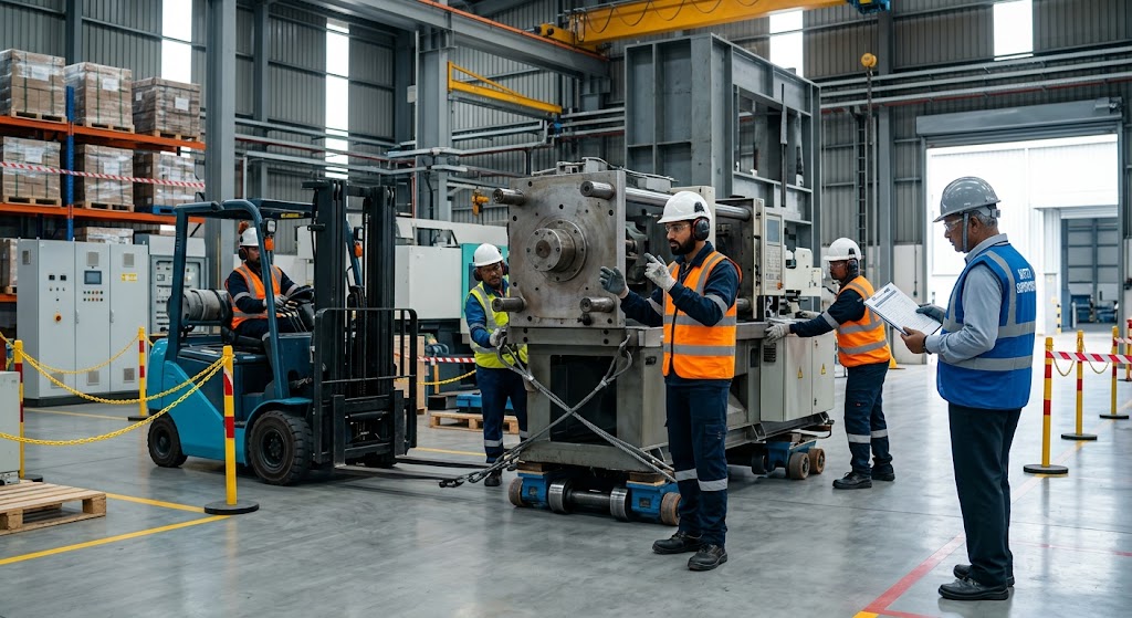 Industrial relocation team following safety procedures while transporting heavy machinery and equipment in a manufacturing facility.