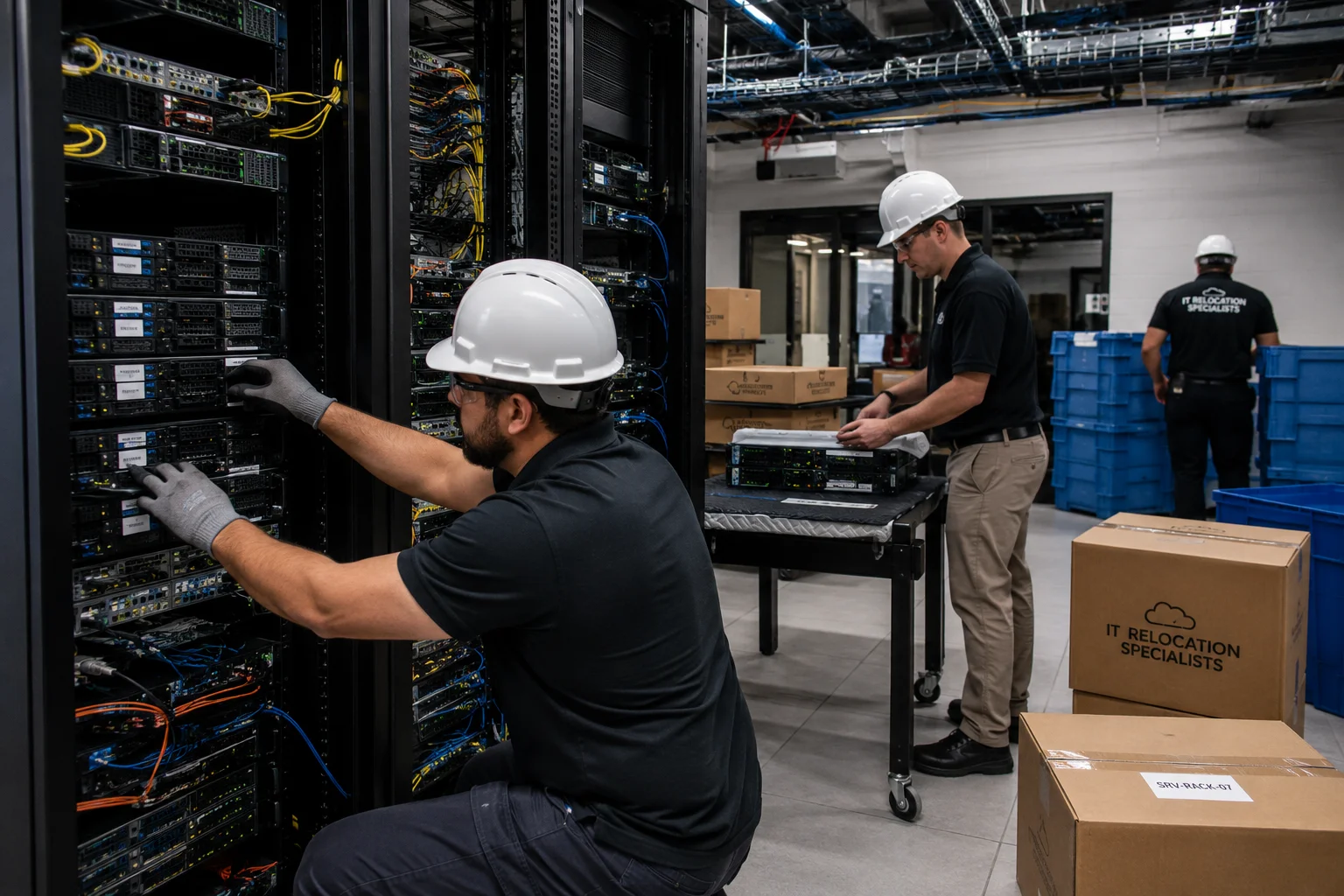 Relocating Data Centers and Server Rooms Safely with professional technicians handling server equipment during a data center move.