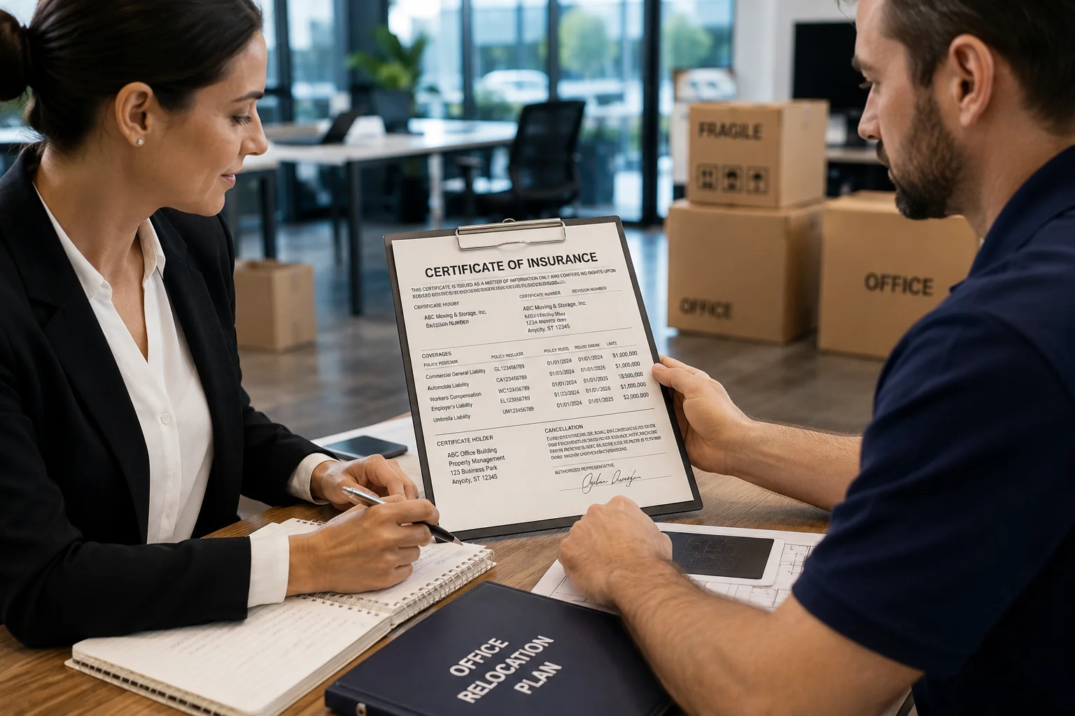 Certificate of Insurance review during a commercial office relocation planning meeting.
