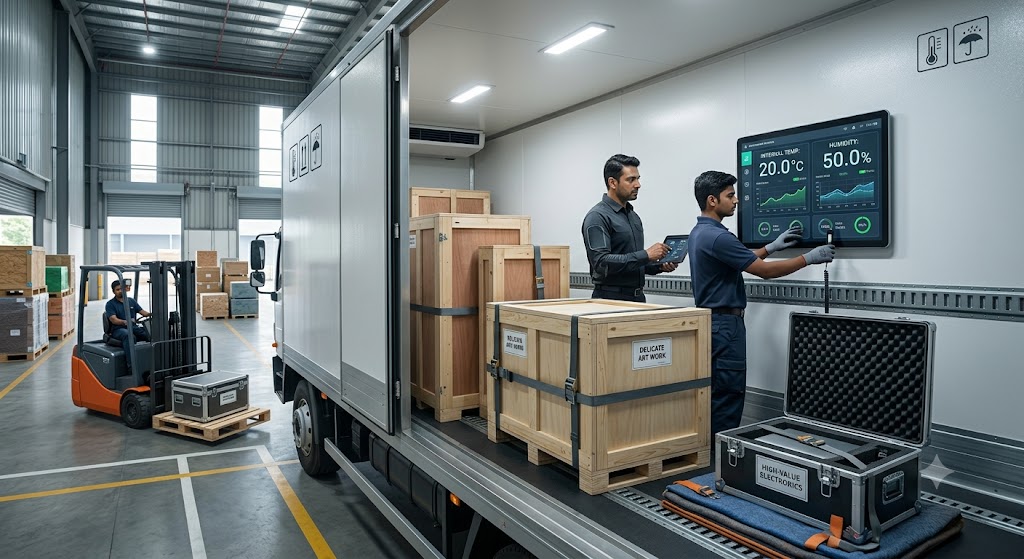 Climate-controlled transportation vehicle carrying high-value assets with temperature monitoring and secure protective packaging.