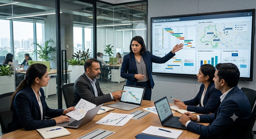 HR and relocation teams coordinating employee relocation plans, schedules, and workplace transition strategies during an office move.