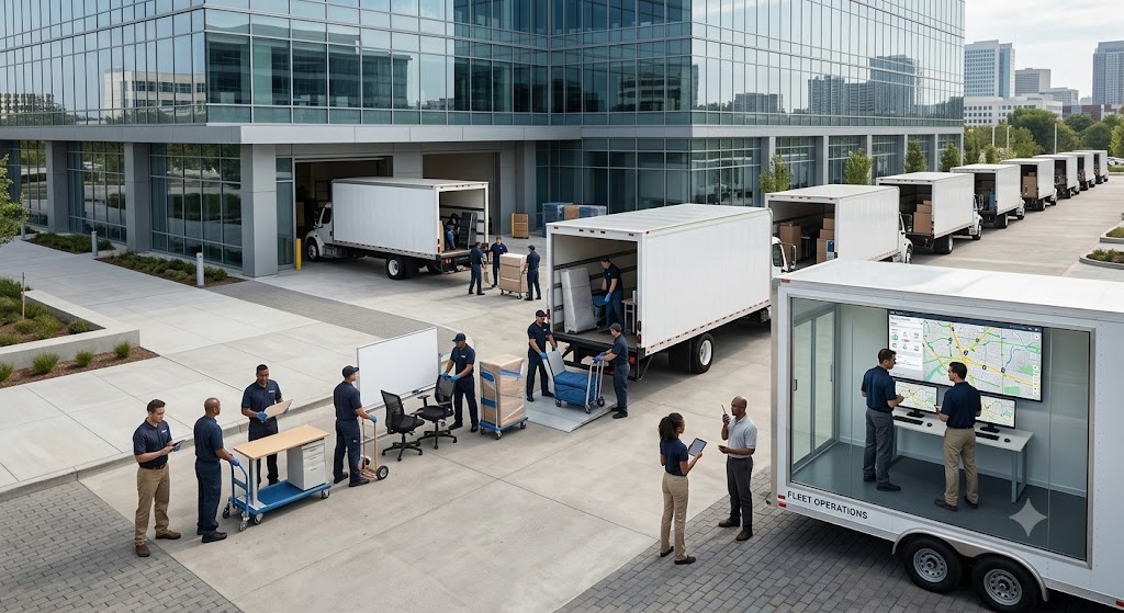 Fleet management team coordinating moving trucks and logistics for a commercial office relocation project.