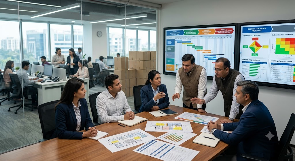 Corporate relocation team reviewing an office relocation timeline with project milestones, planning schedules, and move coordination strategies.