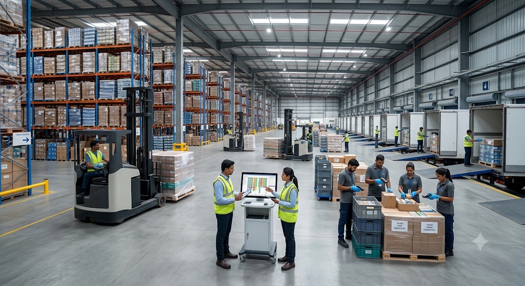 Distribution center relocation in progress with logistics teams, forklifts, inventory management, and transportation planning.