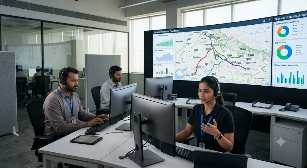 Dispatch coordinators monitoring interstate relocation logistics, truck routes, transportation schedules, and shipment tracking systems.