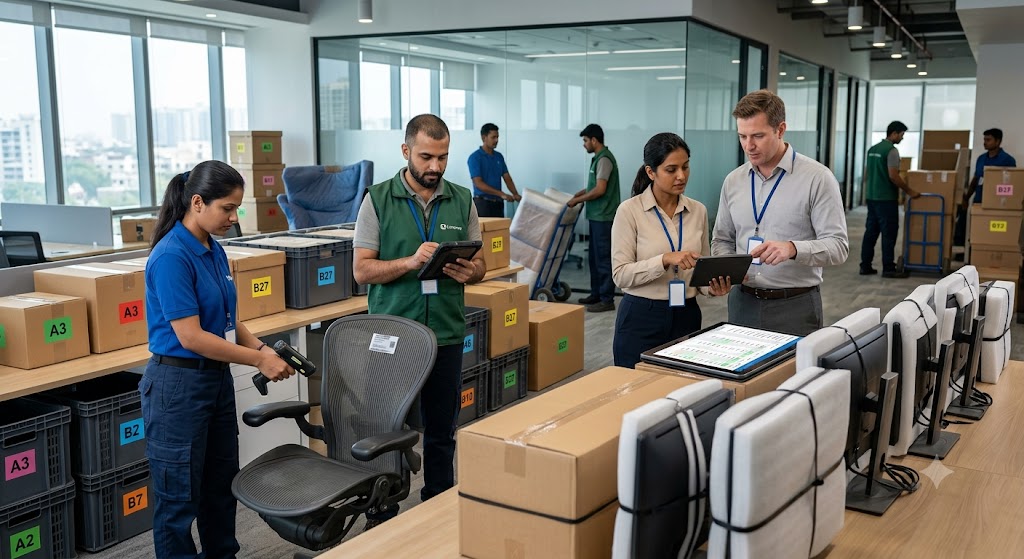 Relocation professionals managing inventory control with barcode scanners, digital tracking systems, and organized asset documentation during an office move.