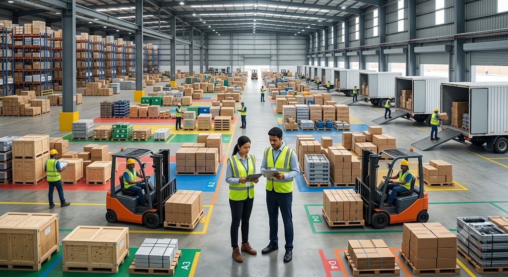 Warehouse staging area organized for a large relocation project with inventory zones, pallets, forklifts, and logistics planning.