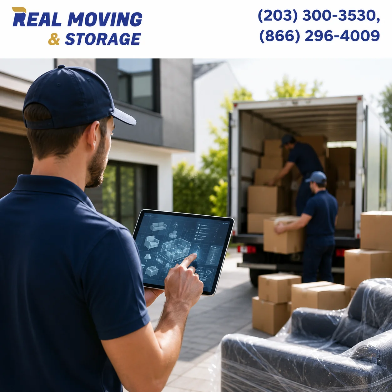 AI-powered moving professionals using smart technology for inventory management and efficient residential relocation by Real Moving & Storage.