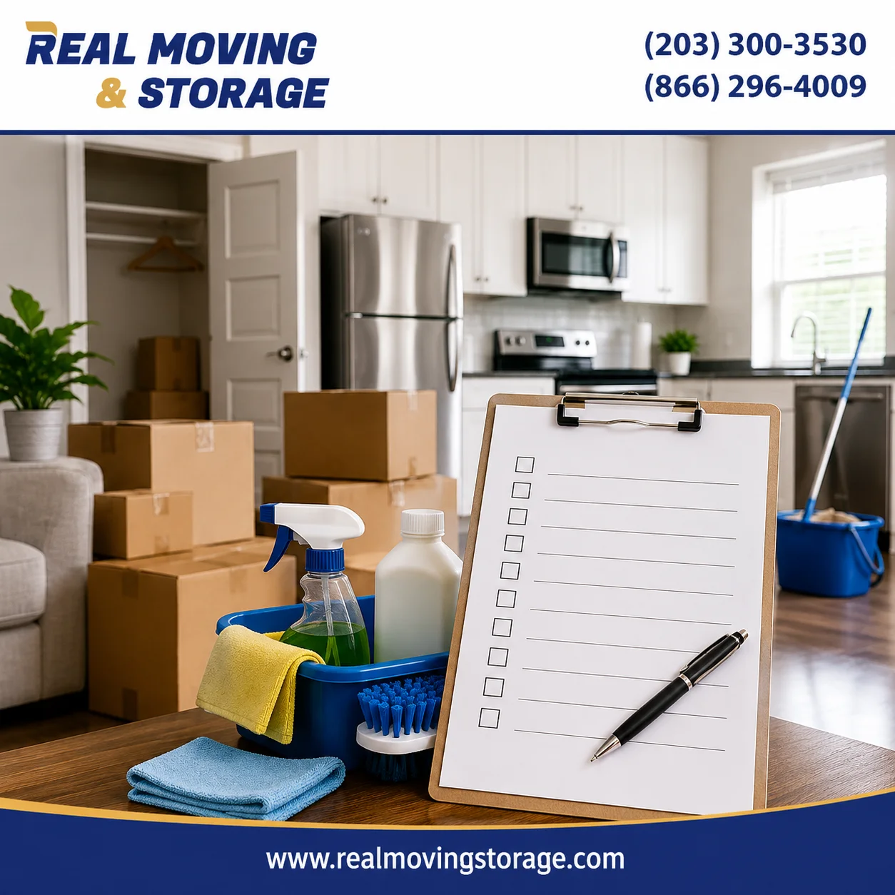 Apartment Move-Out Cleaning Checklist with packed moving boxes, cleaning supplies, and a clean apartment interior by Real Moving & Storage.