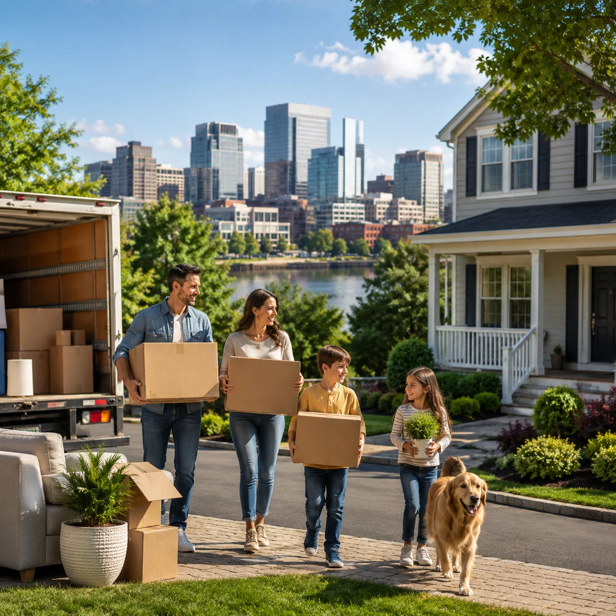 Happy family moving into a home in one of the best neighborhoods for families in Stamford, CT with Real Moving & Storage moving truck nearby.