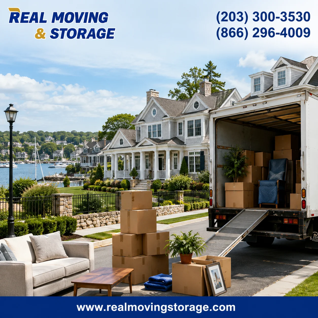 Professional moving truck outside luxury homes in Greenwich, CT representing the cost of living in Greenwich CT with Real Moving & Storage branding.