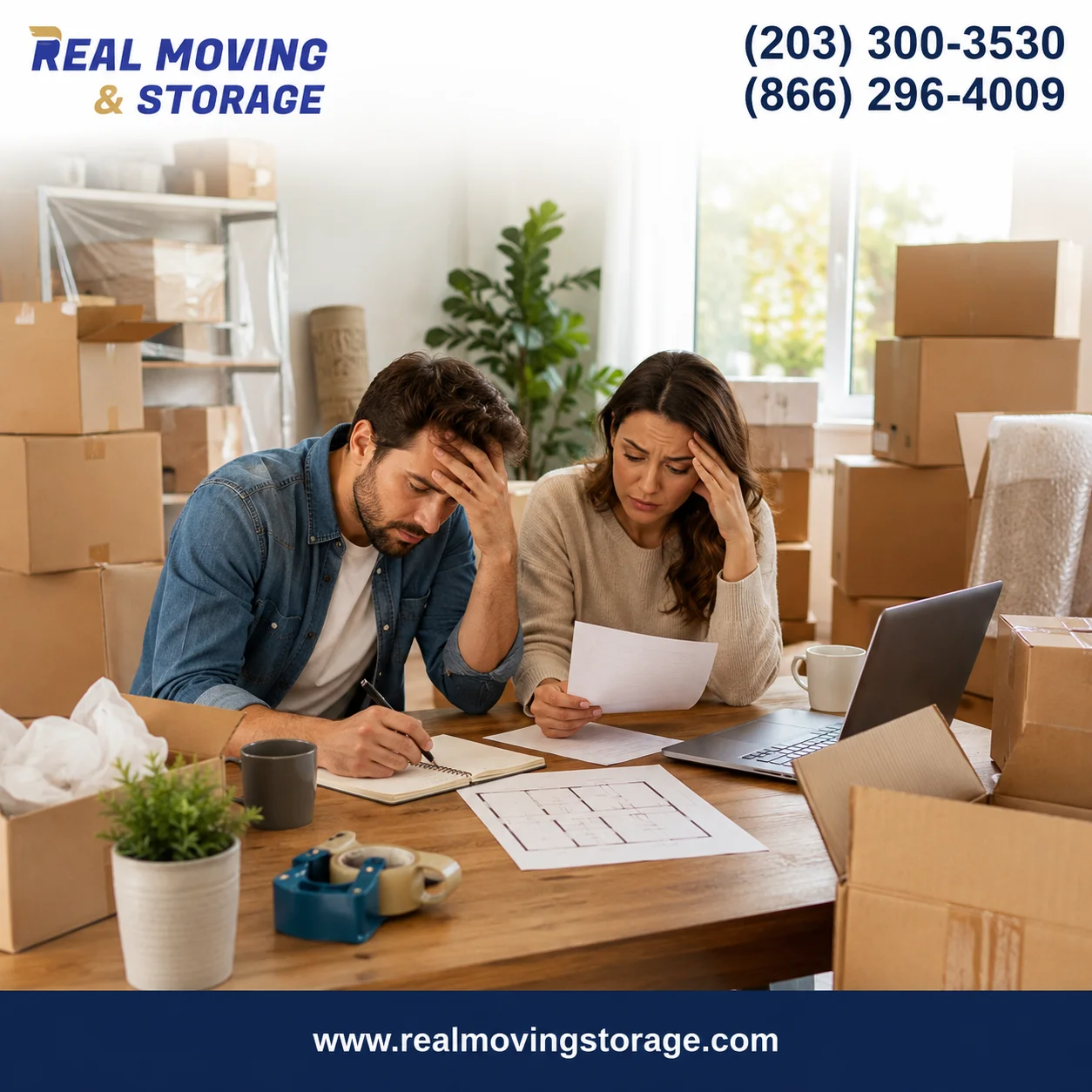 Family feeling overwhelmed while planning a home relocation with moving boxes, representing decision fatigue during a move, with Real Moving & Storage branding and contact information.