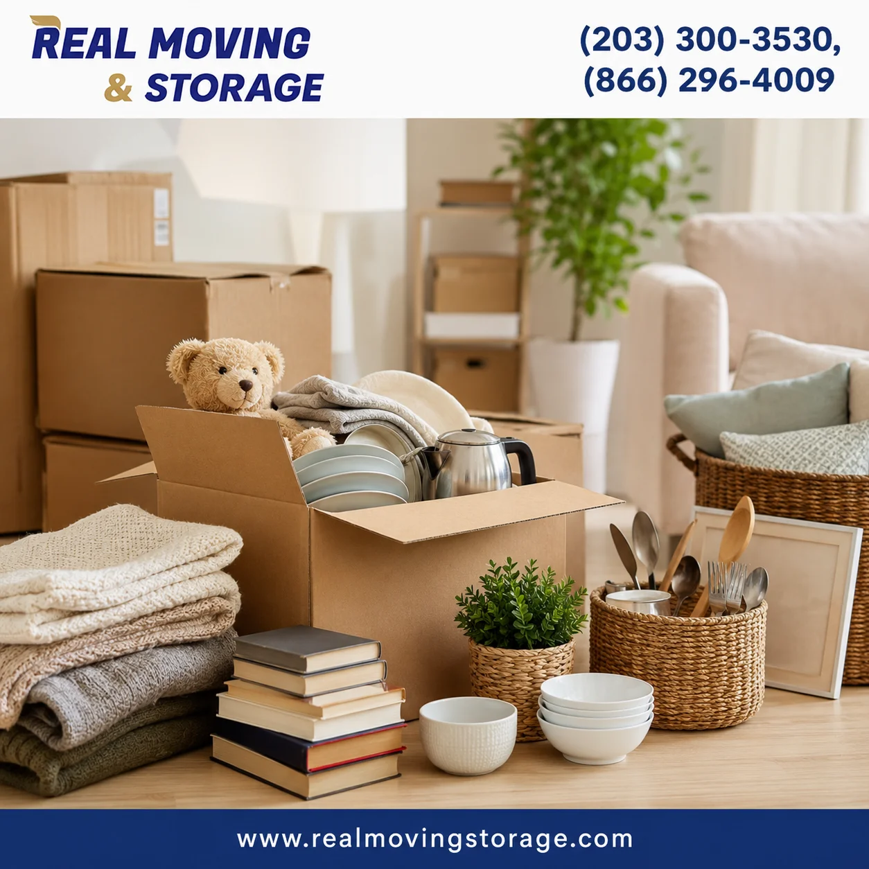 Packed household items ready for donation before moving with Real Moving & Storage branding, showing boxes, furniture, kitchen essentials, and home goods prepared for relocation.