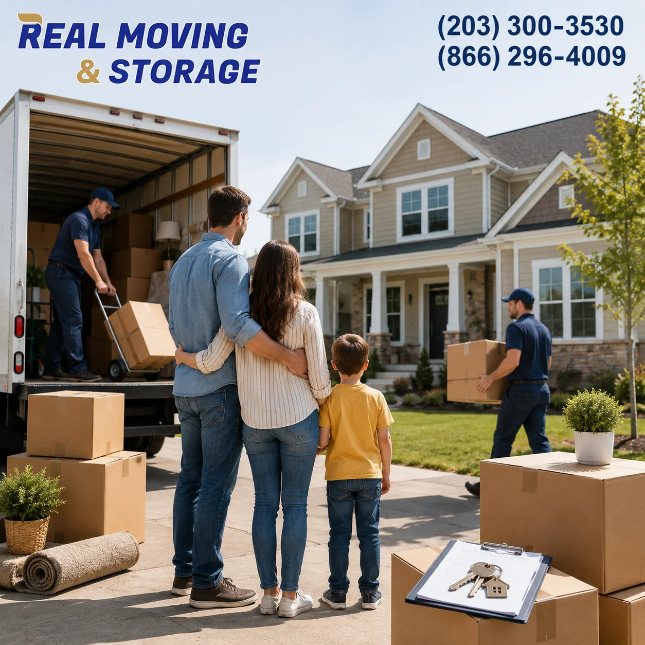 Professional movers helping a family relocate to a new home after closing day with Real Moving & Storage branding.