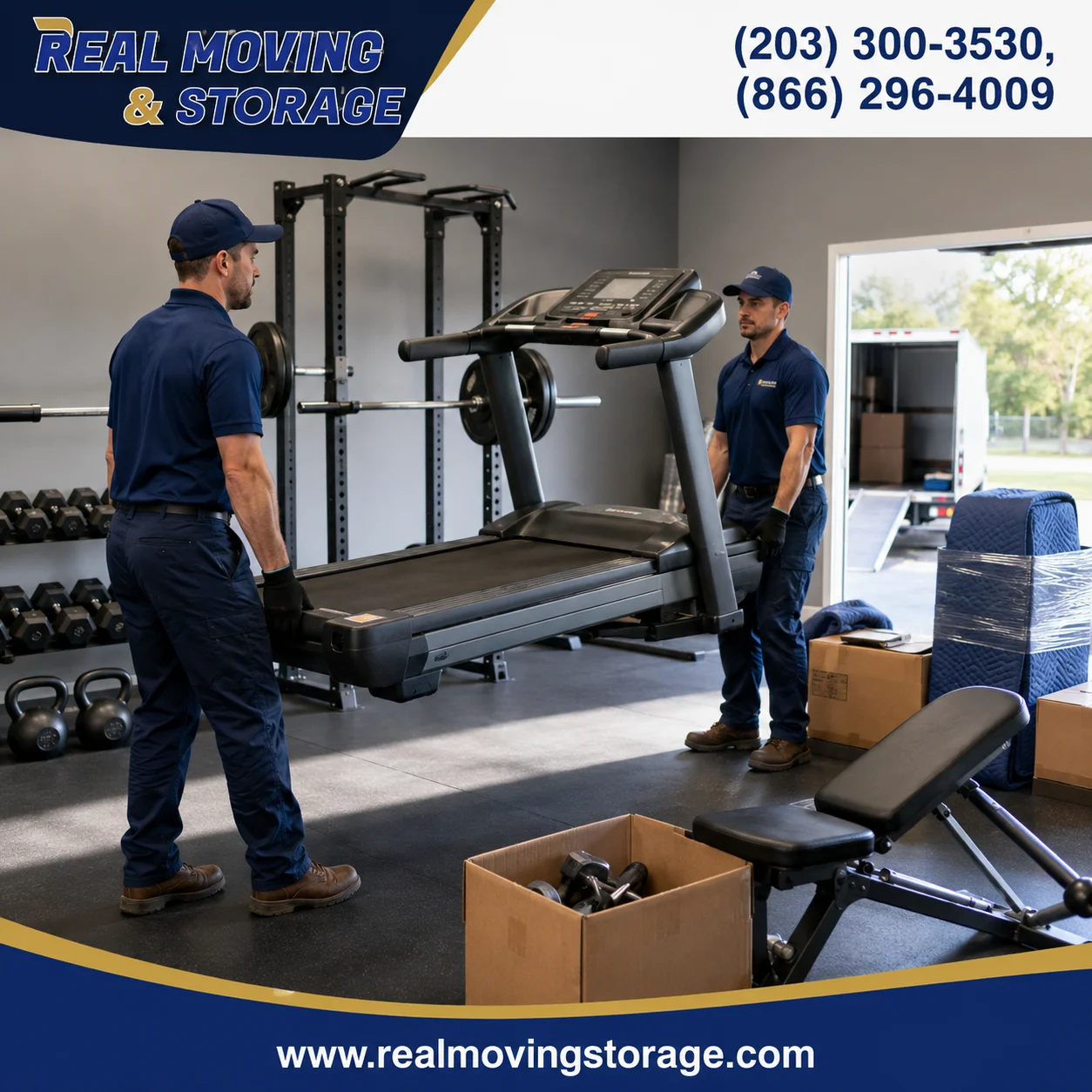 Professional movers safely transporting a treadmill and home gym equipment during a residential move by Real Moving & Storage.