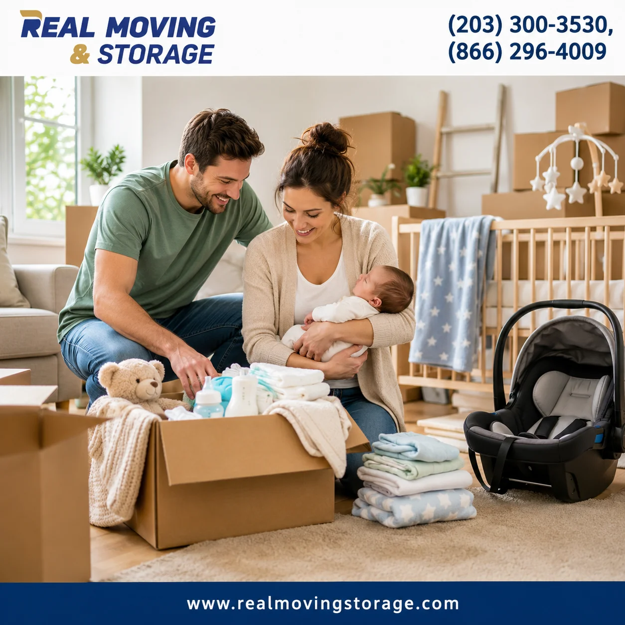 Parents holding their newborn while unpacking baby essentials in a new home during a safe and organized move, with Real Moving & Storage branding, contact numbers, and website displayed.