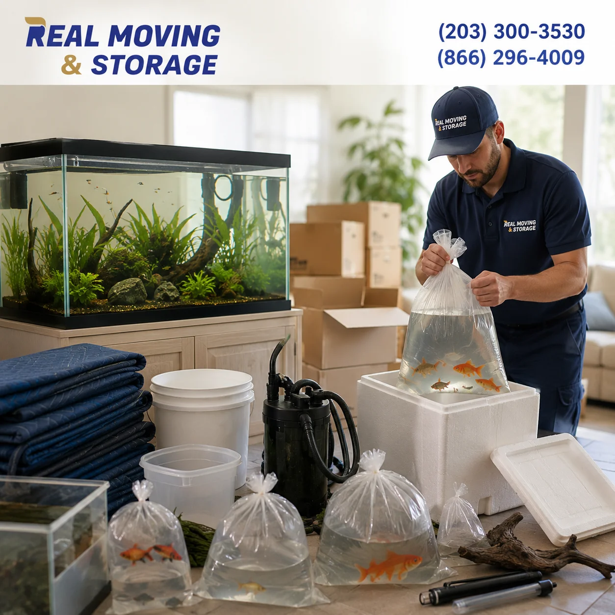 Moving with aquarium fish safely using professional packing techniques by Real Moving & Storage in Connecticut.