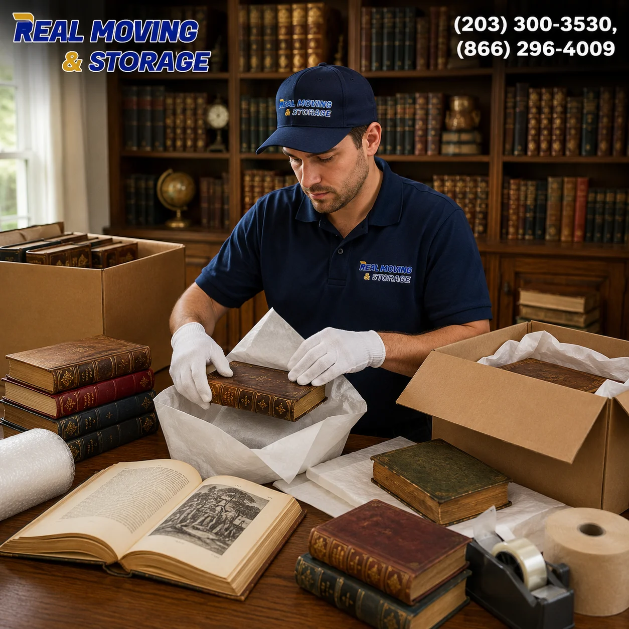 Professional mover carefully packing rare book collections with archival wrapping materials for safe relocation, featuring the Real Moving & Storage logo and contact numbers.