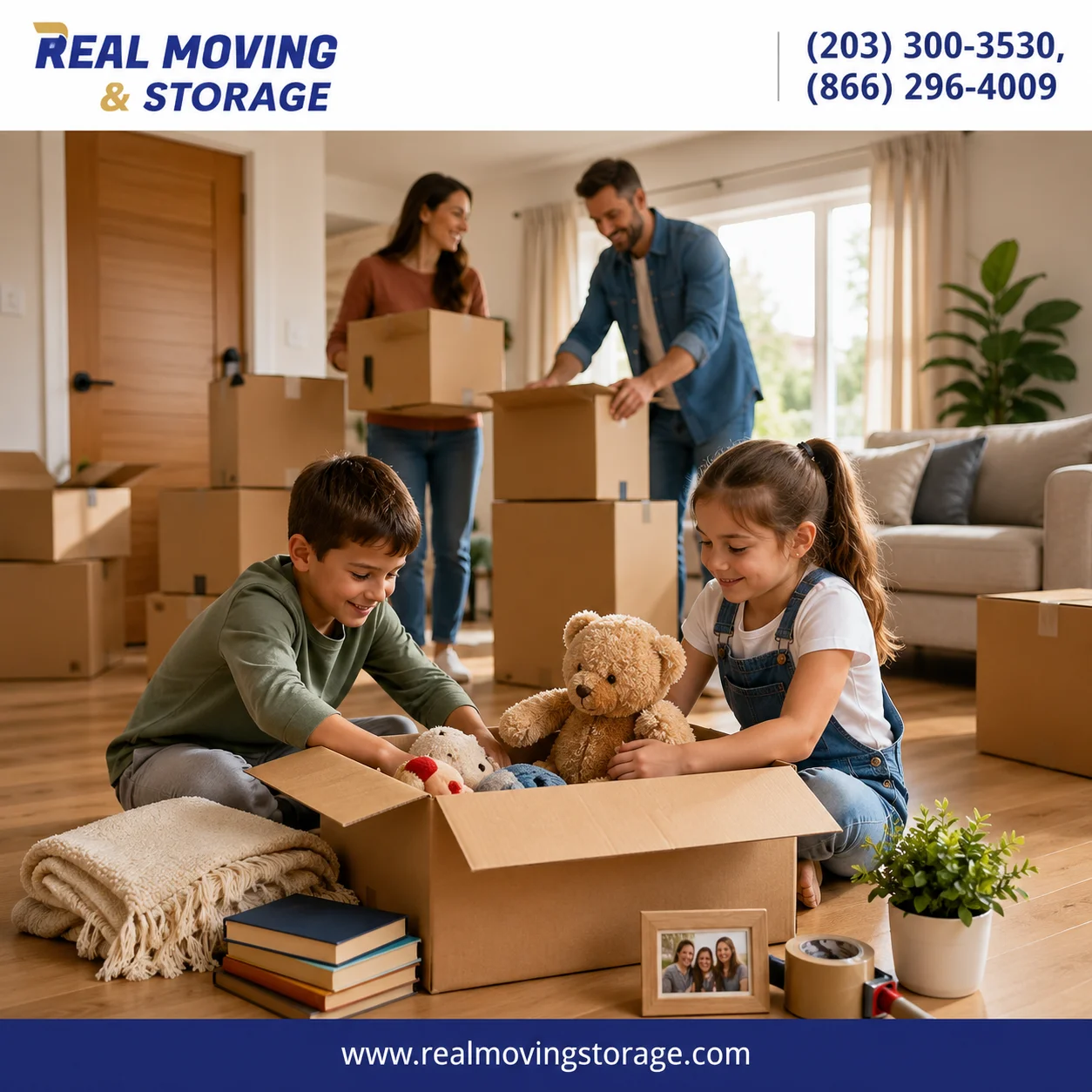 Family unpacking boxes together in their new home while children happily adjust to the move, with Real Moving & Storage branding, contact numbers, and website displayed.