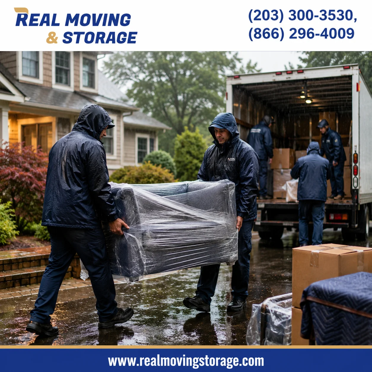 Professional movers carrying plastic-wrapped furniture during a rainy day move while loading a moving truck, featuring Real Moving & Storage branding, contact numbers, and website.