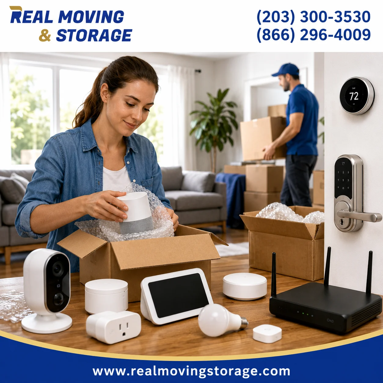 Homeowner packing smart home devices including a smart speaker, camera, smart lock, thermostat, and Wi-Fi router before moving with Real Moving & Storage.
