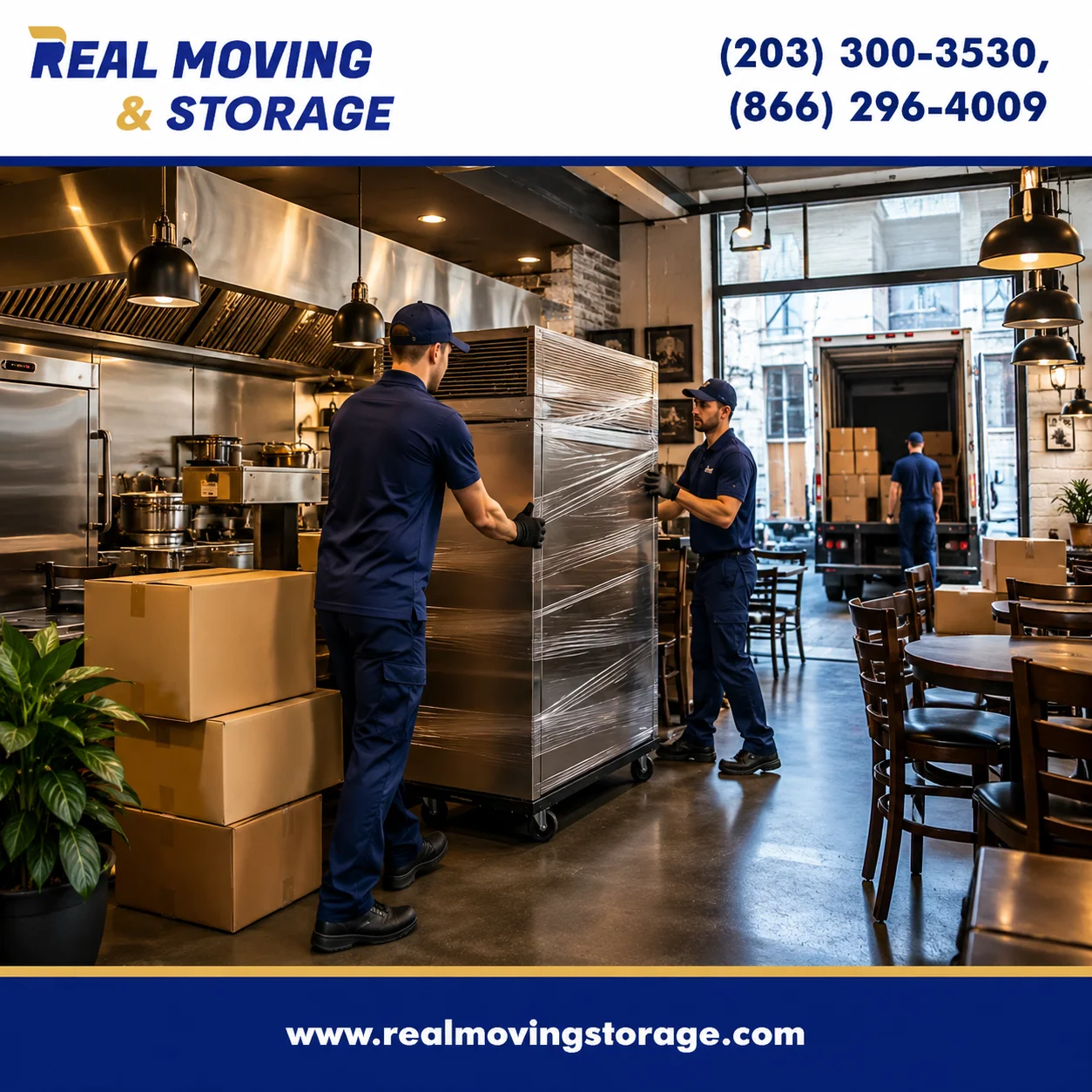 Professional movers safely relocating commercial kitchen equipment during a restaurant relocation with Real Moving & Storage.