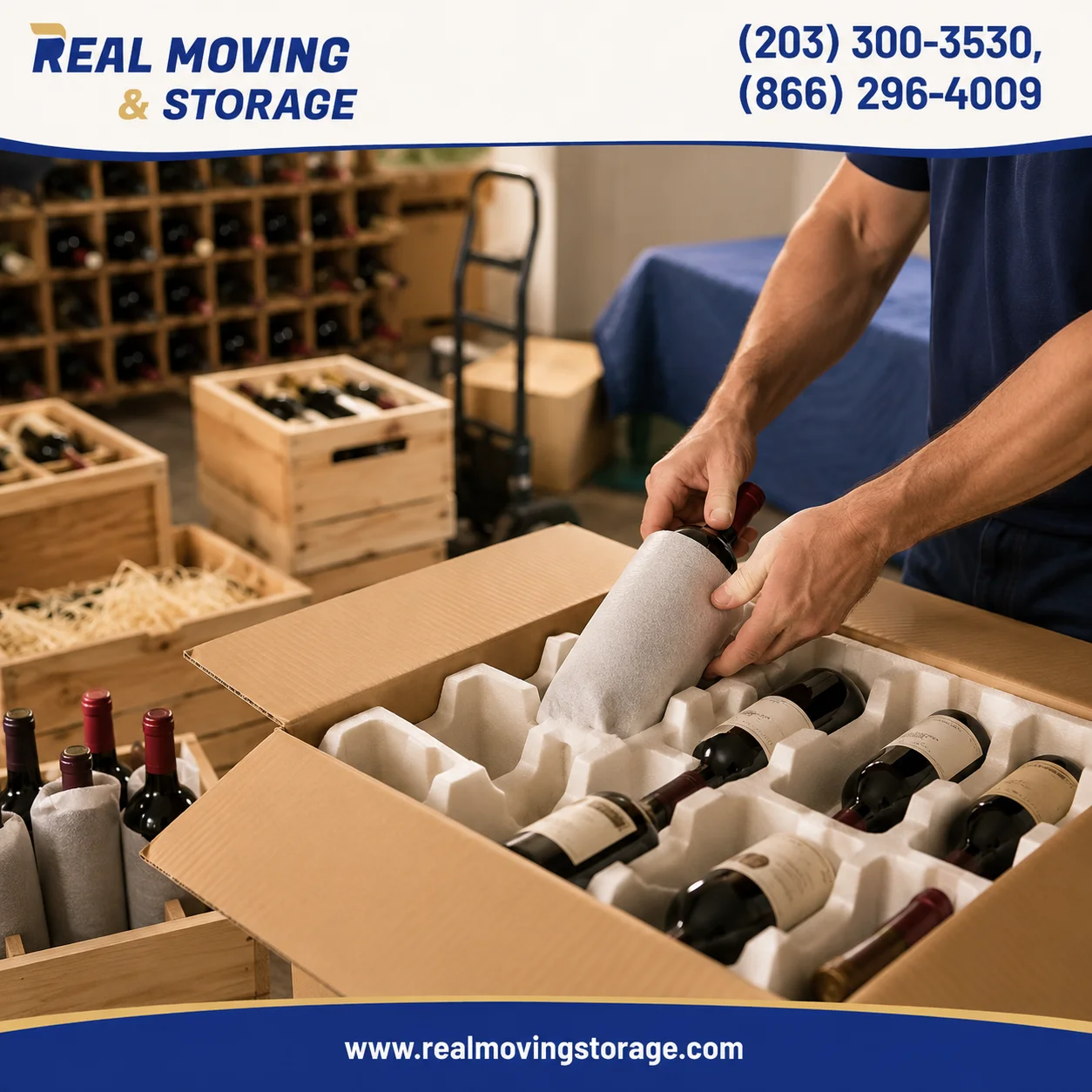 Professional movers carefully packing wine bottles in protective shipping boxes for safe transporting wine collections during relocation by Real Moving & Storage.