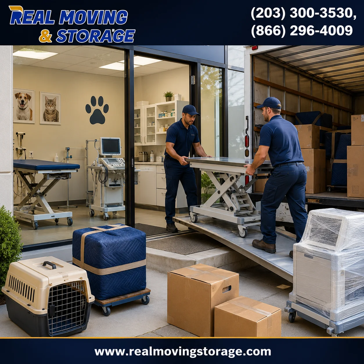 Professional movers carefully relocating veterinary clinic equipment and pet carriers during a veterinary clinic relocation by Real Moving & Storage.